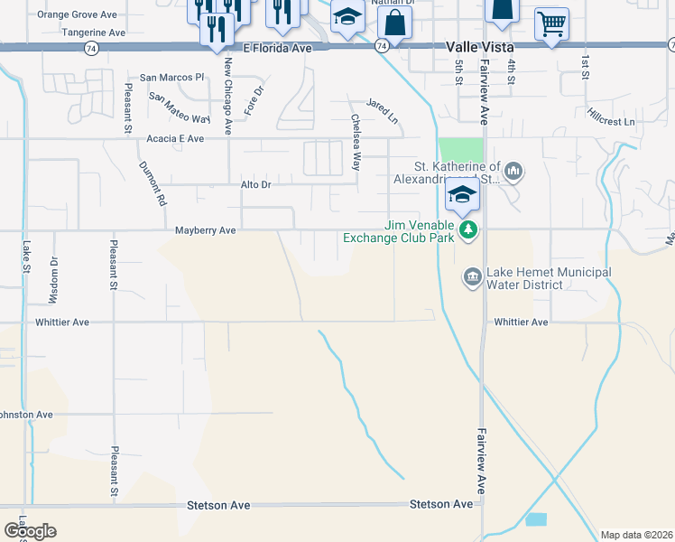map of restaurants, bars, coffee shops, grocery stores, and more near 26366 Century Court in Hemet