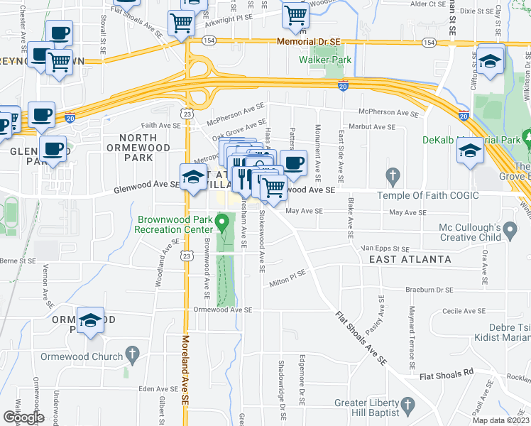 map of restaurants, bars, coffee shops, grocery stores, and more near 568 Stokeswood Avenue Southeast in Atlanta