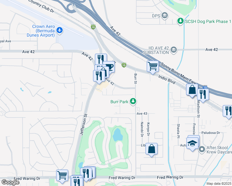 map of restaurants, bars, coffee shops, grocery stores, and more near 80548 Anacapa Drive in Indio