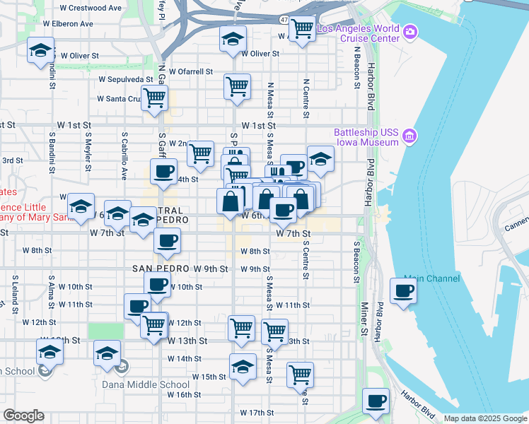 map of restaurants, bars, coffee shops, grocery stores, and more near 500 South Mesa Street in Los Angeles