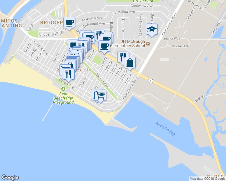 map of restaurants, bars, coffee shops, grocery stores, and more near 1515 Electric Avenue in Seal Beach