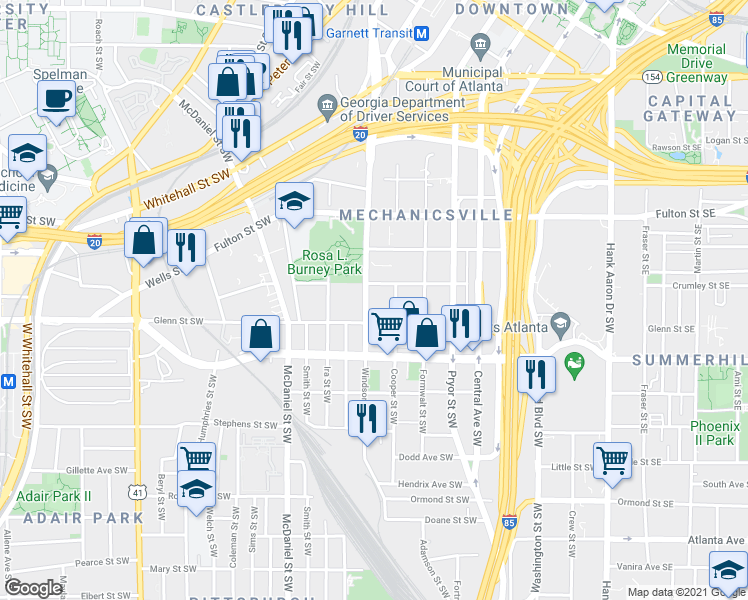 map of restaurants, bars, coffee shops, grocery stores, and more near 590 Windsor Street Southwest in Atlanta