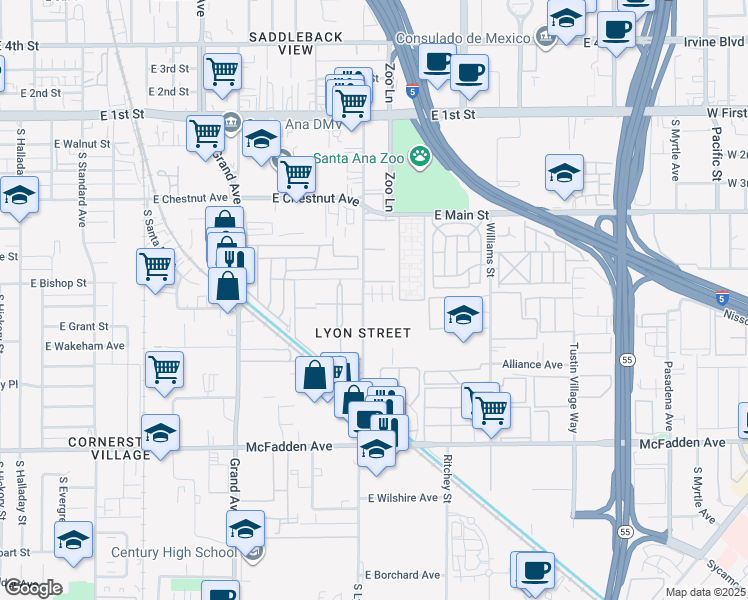map of restaurants, bars, coffee shops, grocery stores, and more near 717 South Lyon Street in Santa Ana