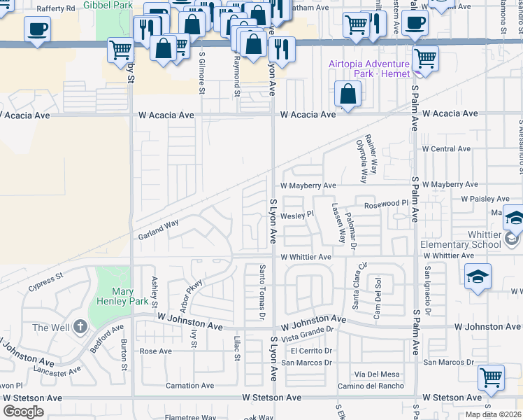 map of restaurants, bars, coffee shops, grocery stores, and more near 575 South Lyon Avenue in Hemet