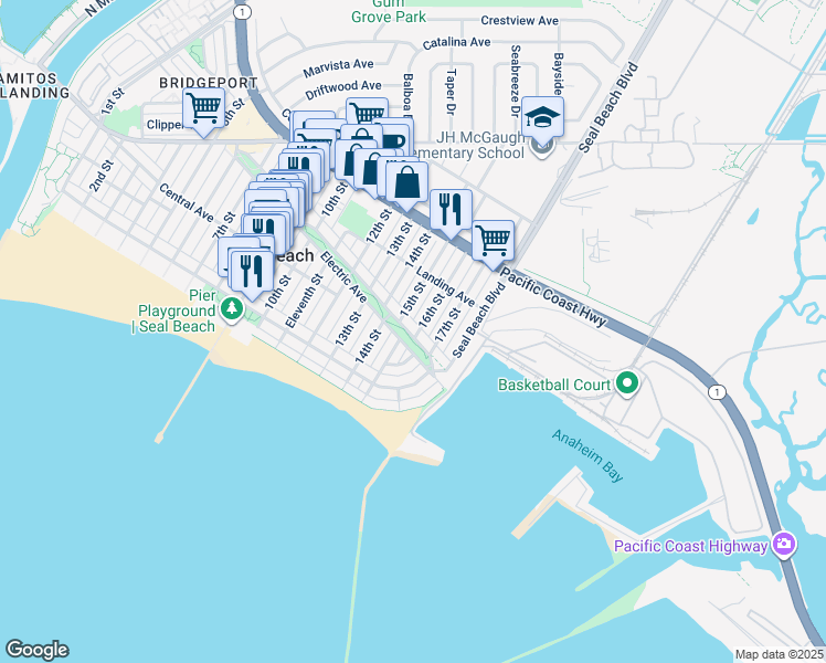 map of restaurants, bars, coffee shops, grocery stores, and more near 1515 Electric Avenue in Seal Beach