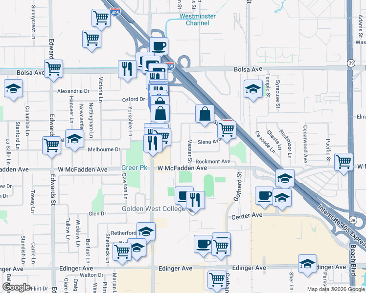 map of restaurants, bars, coffee shops, grocery stores, and more near 15392 Maryknoll Street in Westminster
