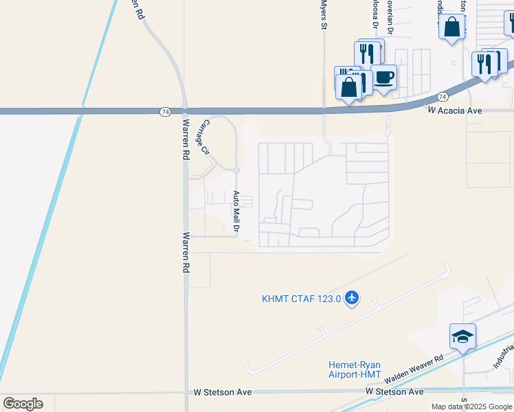 map of restaurants, bars, coffee shops, grocery stores, and more near 5001 West Florida Avenue in Hemet
