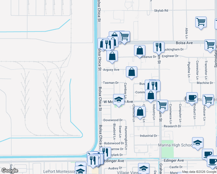 map of restaurants, bars, coffee shops, grocery stores, and more near 5071 Galway Circle in Huntington Beach
