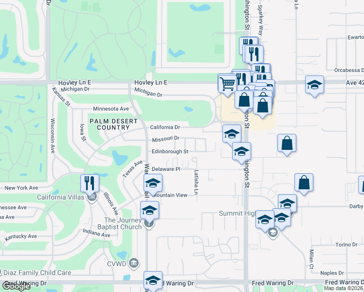map of restaurants, bars, coffee shops, grocery stores, and more near 42639 Devonshire Street in Palm Desert