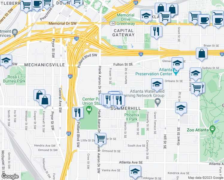 map of restaurants, bars, coffee shops, grocery stores, and more near 564 Fraser Street Southeast in Atlanta