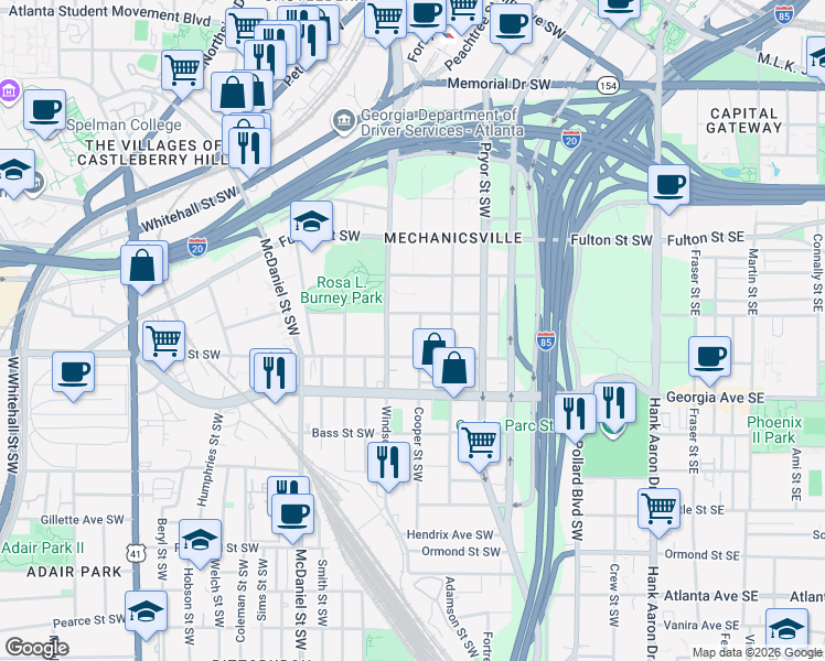 map of restaurants, bars, coffee shops, grocery stores, and more near 585 Cooper Street Southwest in Atlanta