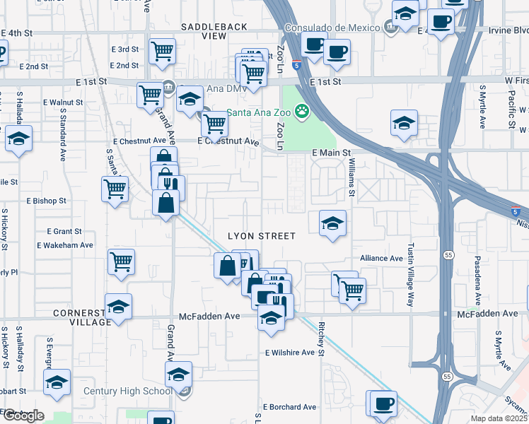 map of restaurants, bars, coffee shops, grocery stores, and more near 707 South Lyon Street in Santa Ana