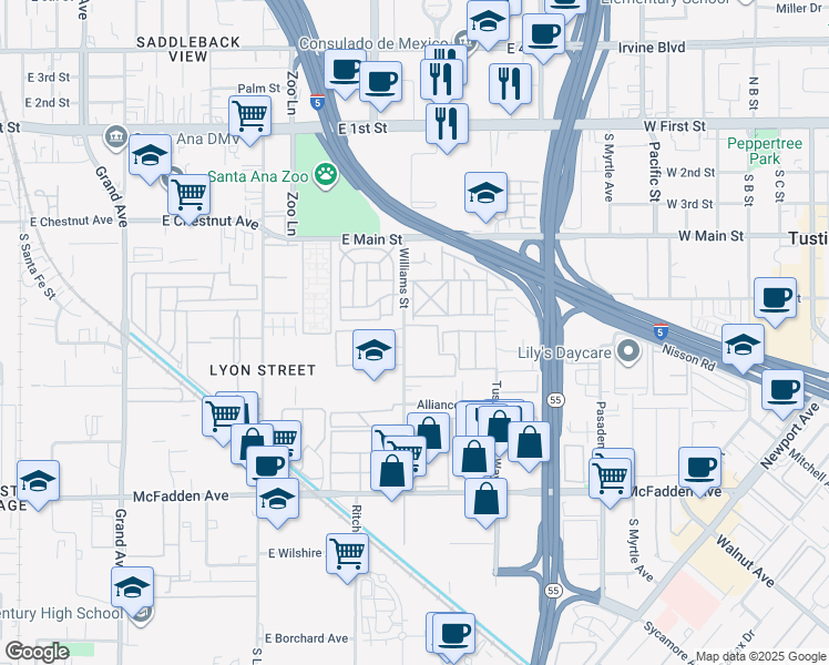 map of restaurants, bars, coffee shops, grocery stores, and more near 15500 Williams Street in Tustin