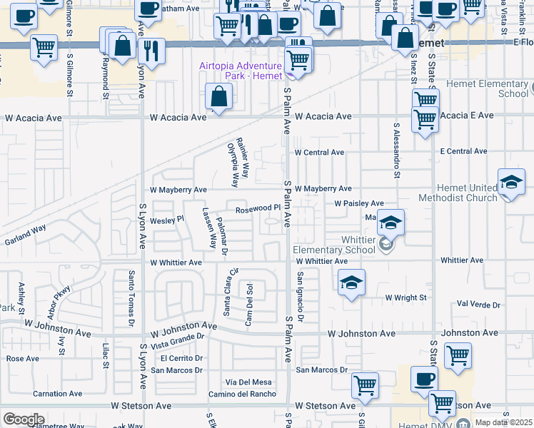 map of restaurants, bars, coffee shops, grocery stores, and more near 609 South Palm Avenue in Hemet