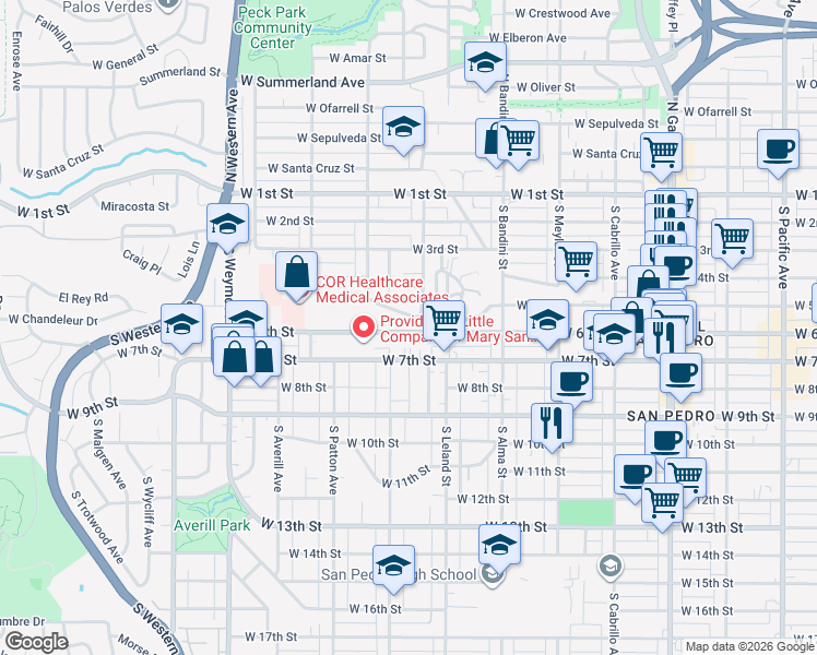 map of restaurants, bars, coffee shops, grocery stores, and more near 1174 West 6th Street in Los Angeles County