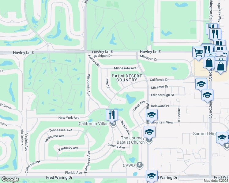 map of restaurants, bars, coffee shops, grocery stores, and more near 42700 Iowa Street in Palm Desert