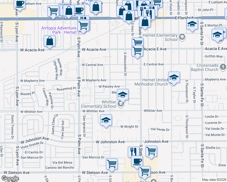 map of restaurants, bars, coffee shops, grocery stores, and more near 466 Mary Lane in Hemet