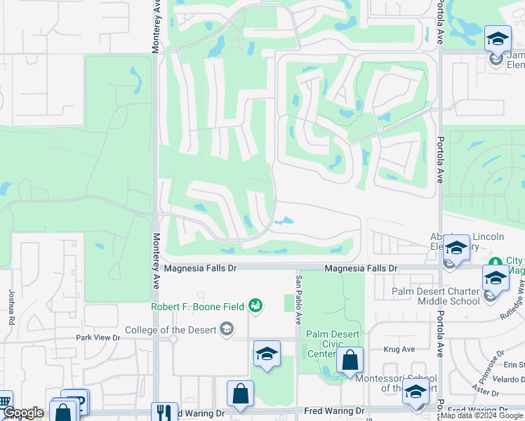 map of restaurants, bars, coffee shops, grocery stores, and more near 206 Seville Circle in Palm Desert