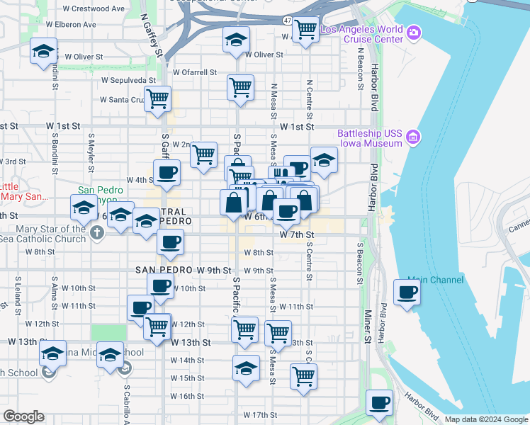 map of restaurants, bars, coffee shops, grocery stores, and more near 418 West 6th Street in Los Angeles