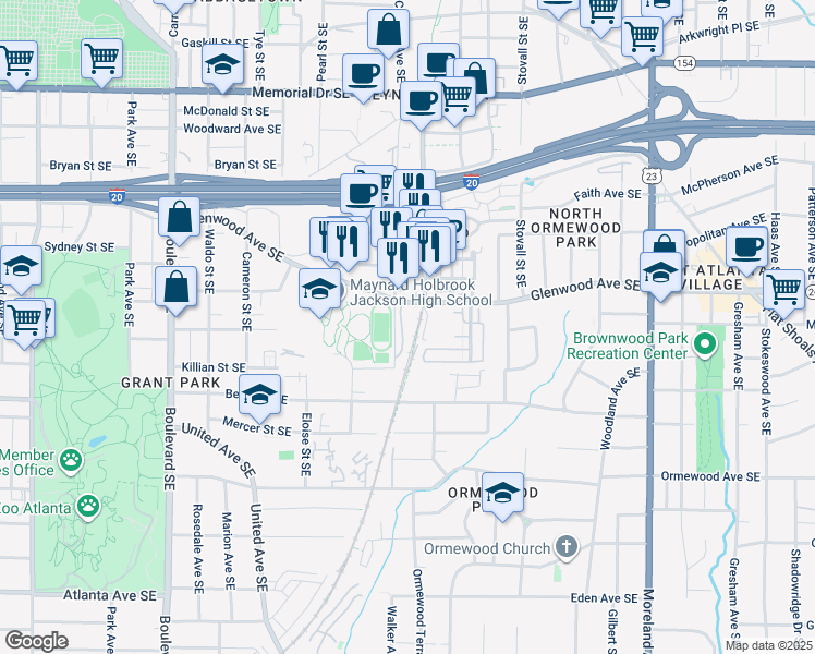 map of restaurants, bars, coffee shops, grocery stores, and more near 885 Glenwood Avenue Southeast in Atlanta