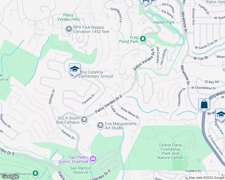 map of restaurants, bars, coffee shops, grocery stores, and more near 3069 Crest Road in Rancho Palos Verdes