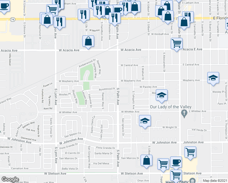 map of restaurants, bars, coffee shops, grocery stores, and more near 603 South Palm Avenue in Hemet