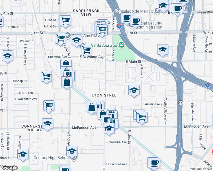map of restaurants, bars, coffee shops, grocery stores, and more near 693 South Lyon Street in Santa Ana