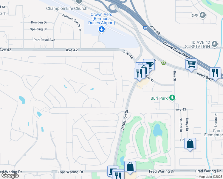 map of restaurants, bars, coffee shops, grocery stores, and more near 42645 Delhi Place in Bermuda Dunes