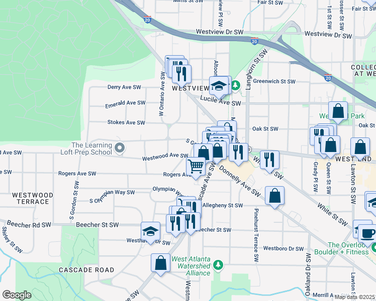 map of restaurants, bars, coffee shops, grocery stores, and more near 603 Willard Avenue Southwest in Atlanta