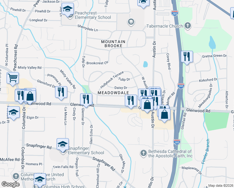 map of restaurants, bars, coffee shops, grocery stores, and more near 3701 Daisy Drive in Decatur