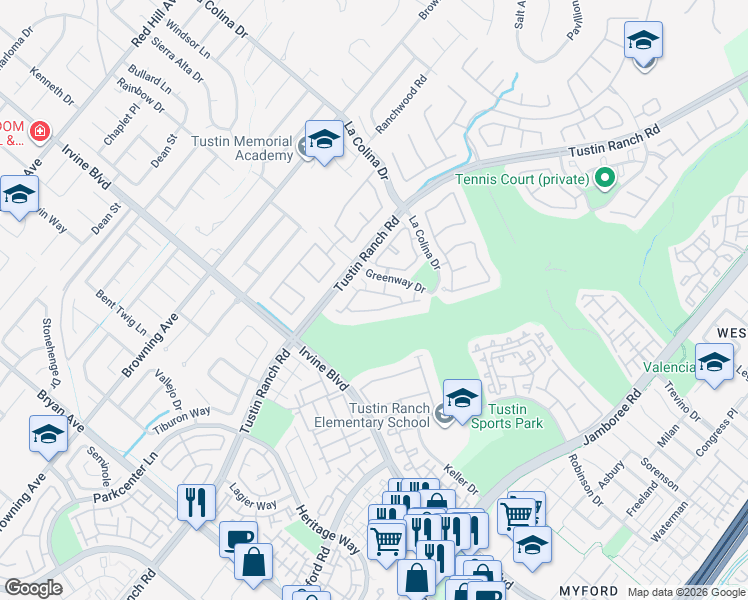 map of restaurants, bars, coffee shops, grocery stores, and more near 2380 Sunningdale Drive in Tustin