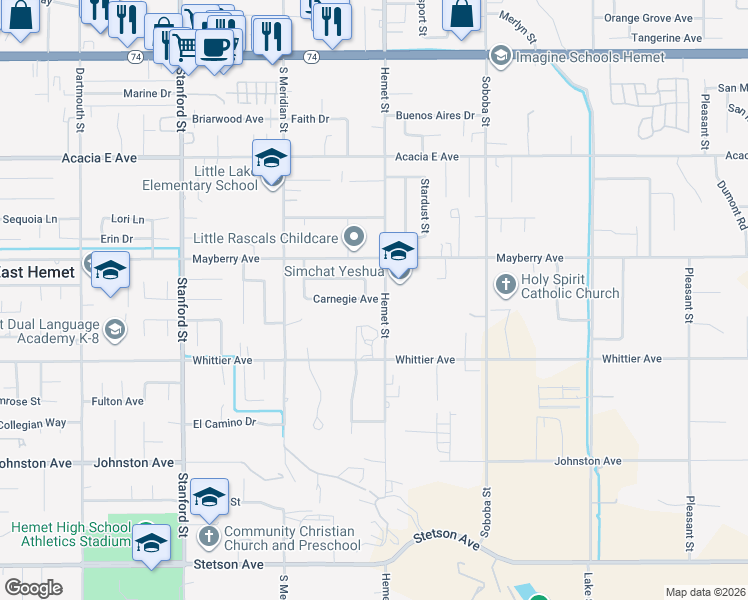 map of restaurants, bars, coffee shops, grocery stores, and more near 42043 Carnegie Avenue in Hemet