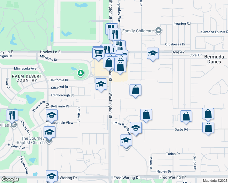 map of restaurants, bars, coffee shops, grocery stores, and more near 42-575 Washington Street in Palm Desert