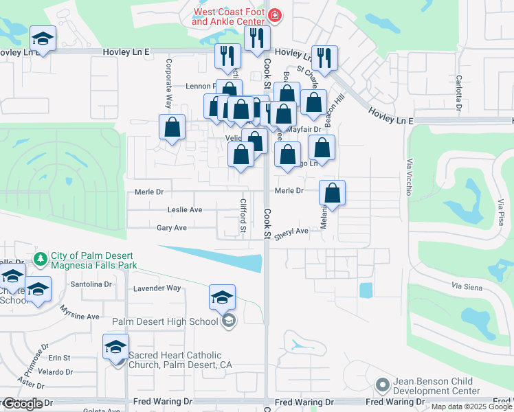 map of restaurants, bars, coffee shops, grocery stores, and more near 42525 Cook Street in Palm Desert