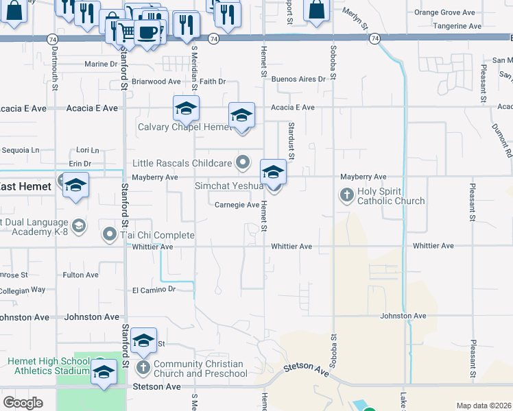 map of restaurants, bars, coffee shops, grocery stores, and more near in Hemet