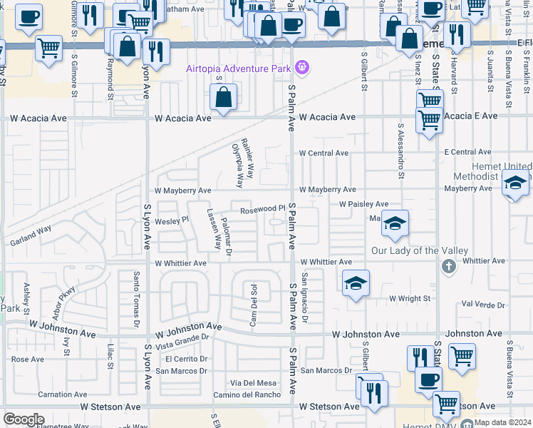 map of restaurants, bars, coffee shops, grocery stores, and more near 1047 West Mayberry Avenue in Hemet