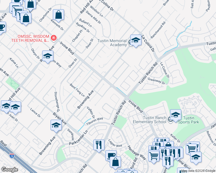 map of restaurants, bars, coffee shops, grocery stores, and more near 12998 Eveningside Drive in Santa Ana