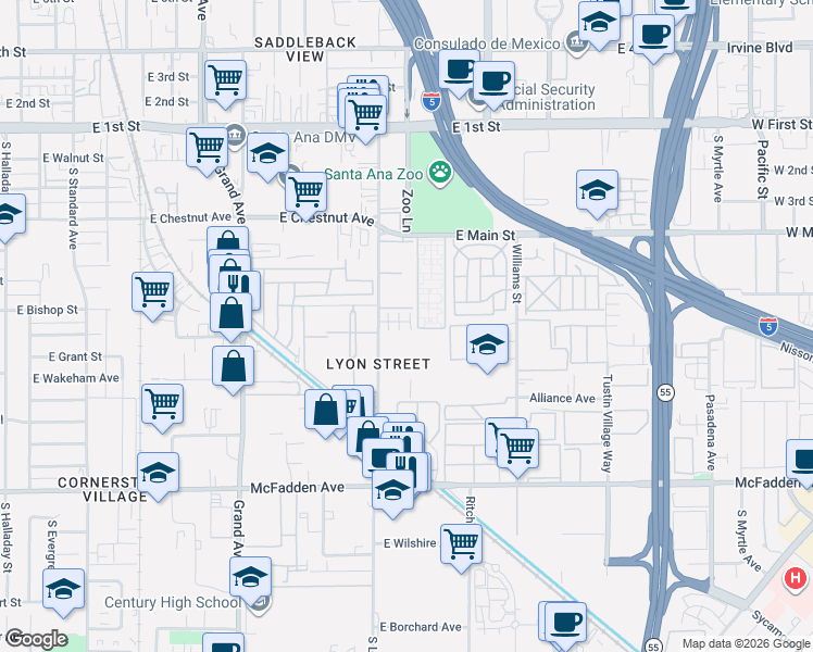 map of restaurants, bars, coffee shops, grocery stores, and more near 717 South Lyon Street in Santa Ana
