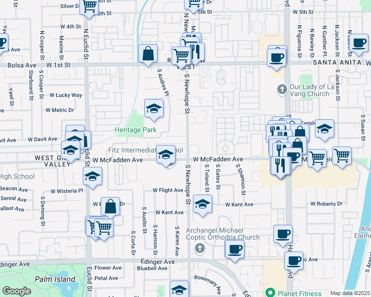 map of restaurants, bars, coffee shops, grocery stores, and more near 601 South Mountain View Street in Santa Ana