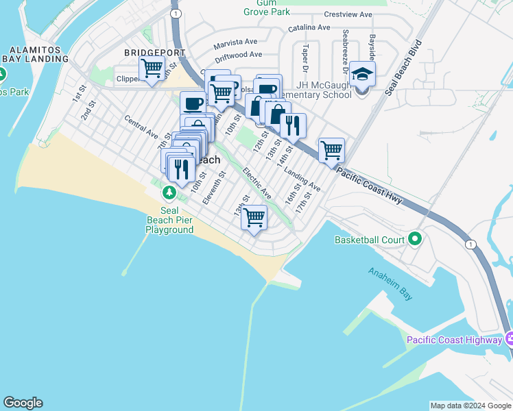 map of restaurants, bars, coffee shops, grocery stores, and more near 150 13th Street in Seal Beach