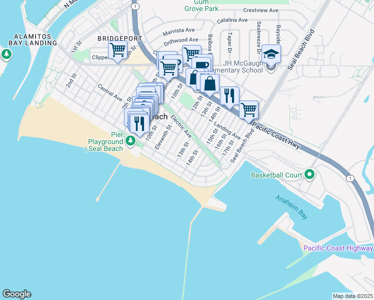 map of restaurants, bars, coffee shops, grocery stores, and more near 150 13th Street in Seal Beach