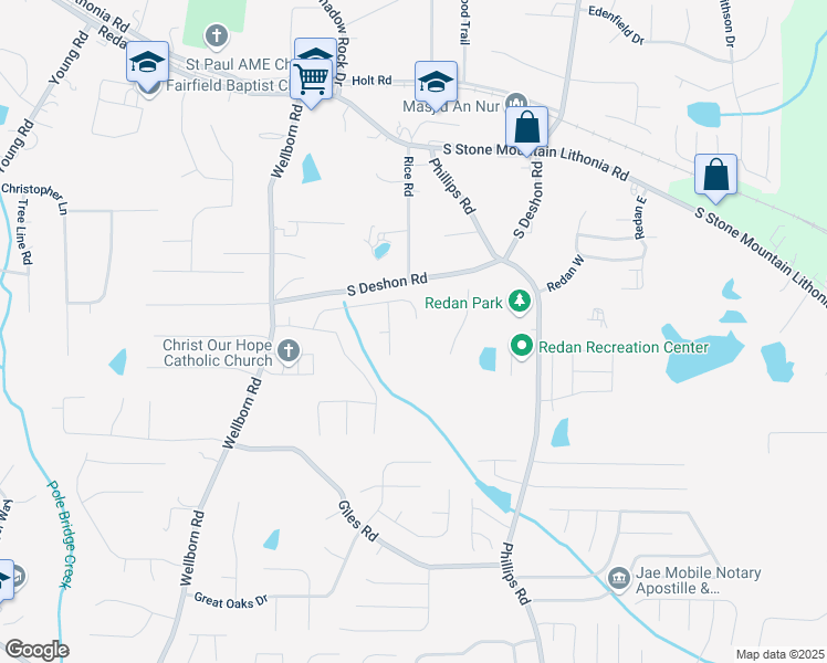 map of restaurants, bars, coffee shops, grocery stores, and more near 6231 Waterton Way in Lithonia