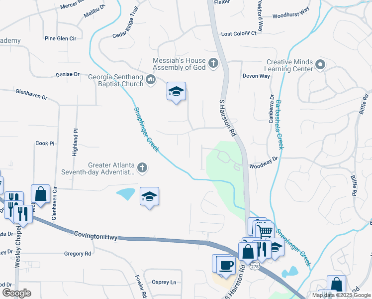 map of restaurants, bars, coffee shops, grocery stores, and more near 1783 Big Valley Lane in Stone Mountain