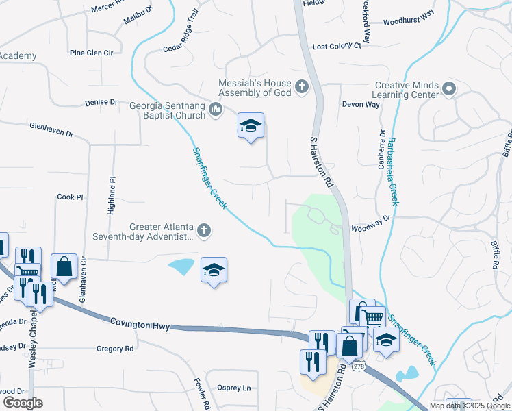 map of restaurants, bars, coffee shops, grocery stores, and more near 1764 Big Valley Way in Stone Mountain