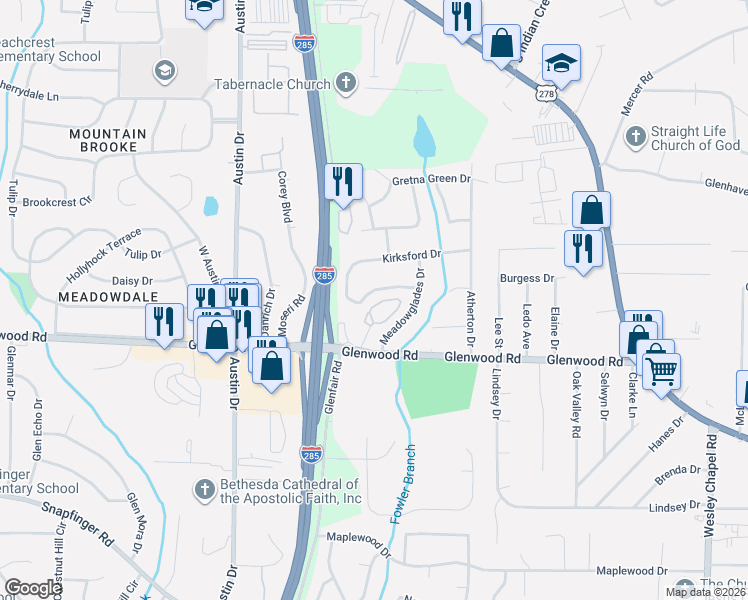 map of restaurants, bars, coffee shops, grocery stores, and more near 1763 Woodsloe Drive in Decatur