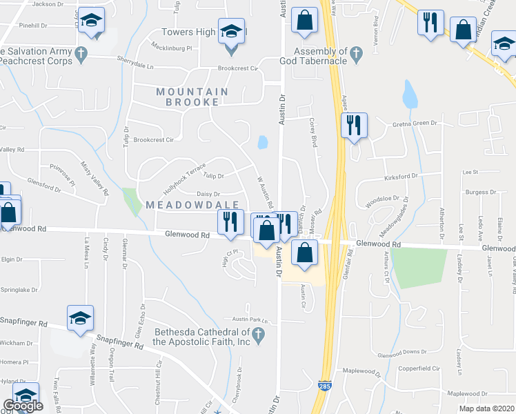 map of restaurants, bars, coffee shops, grocery stores, and more near 1813 West Austin Road in Decatur