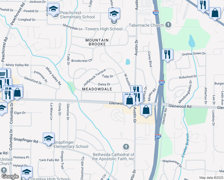 map of restaurants, bars, coffee shops, grocery stores, and more near 3720 Larkspur Terrace in Decatur