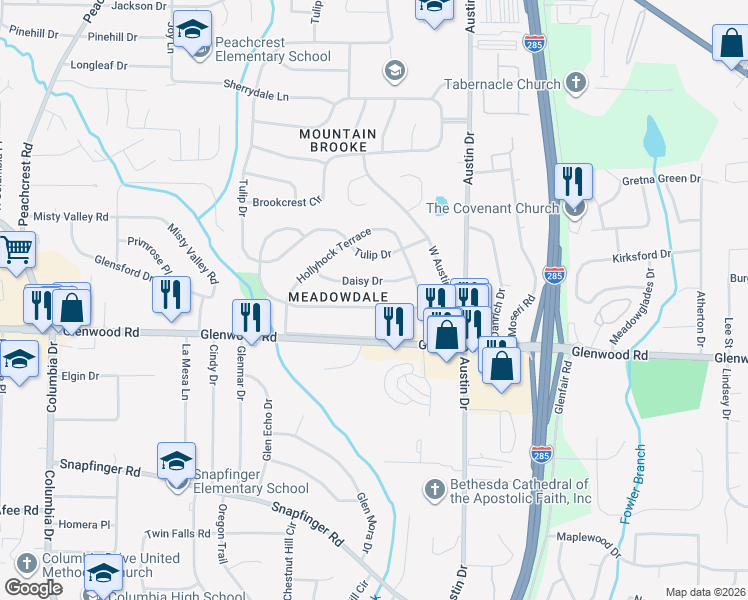 map of restaurants, bars, coffee shops, grocery stores, and more near 3701 Daisy Drive in Decatur