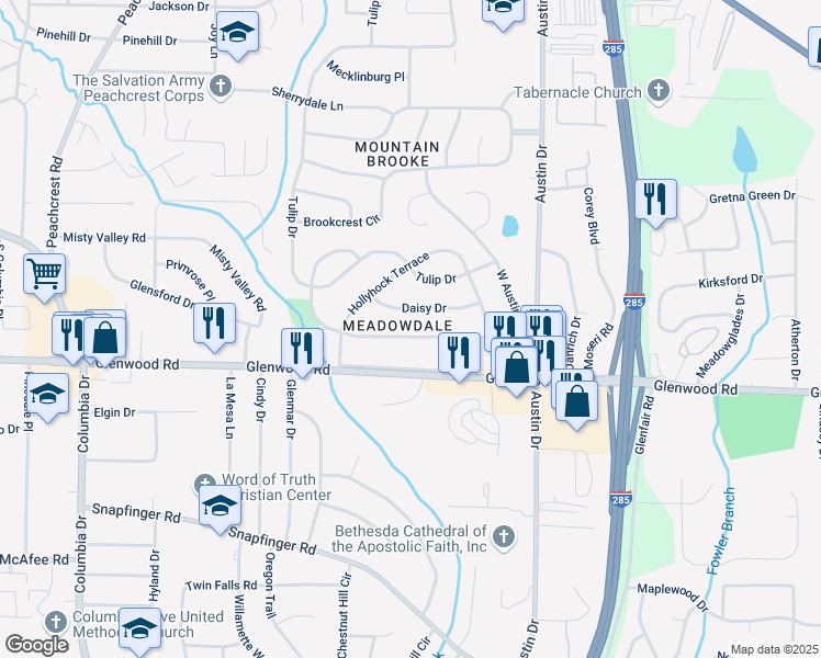 map of restaurants, bars, coffee shops, grocery stores, and more near 3680 Larkspur Terrace in Decatur