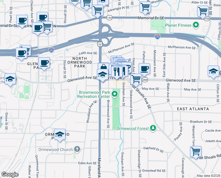 map of restaurants, bars, coffee shops, grocery stores, and more near 564 Brownwood Avenue Southeast in Atlanta